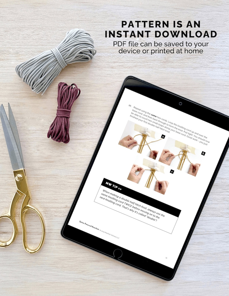 May include: A digital tablet displaying a tutorial for a double half hitch knot. The tutorial includes a step-by-step guide with illustrations and a tip on how to make the knot. The text on the tablet reads "PATTERN IS AN INSTANT DOWNLOAD PDF file can be saved to your device or printed at home".