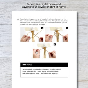 May include: A step-by-step guide on how to tie a double half hitch knot using two cords. The image shows a close-up of the hands tying the knot. The text reads "MW TIP >> When making a double half hitch knot, always use the same knotting cord TWICE before moving on to the next knotting cord. That's why it's called 'double'!".
