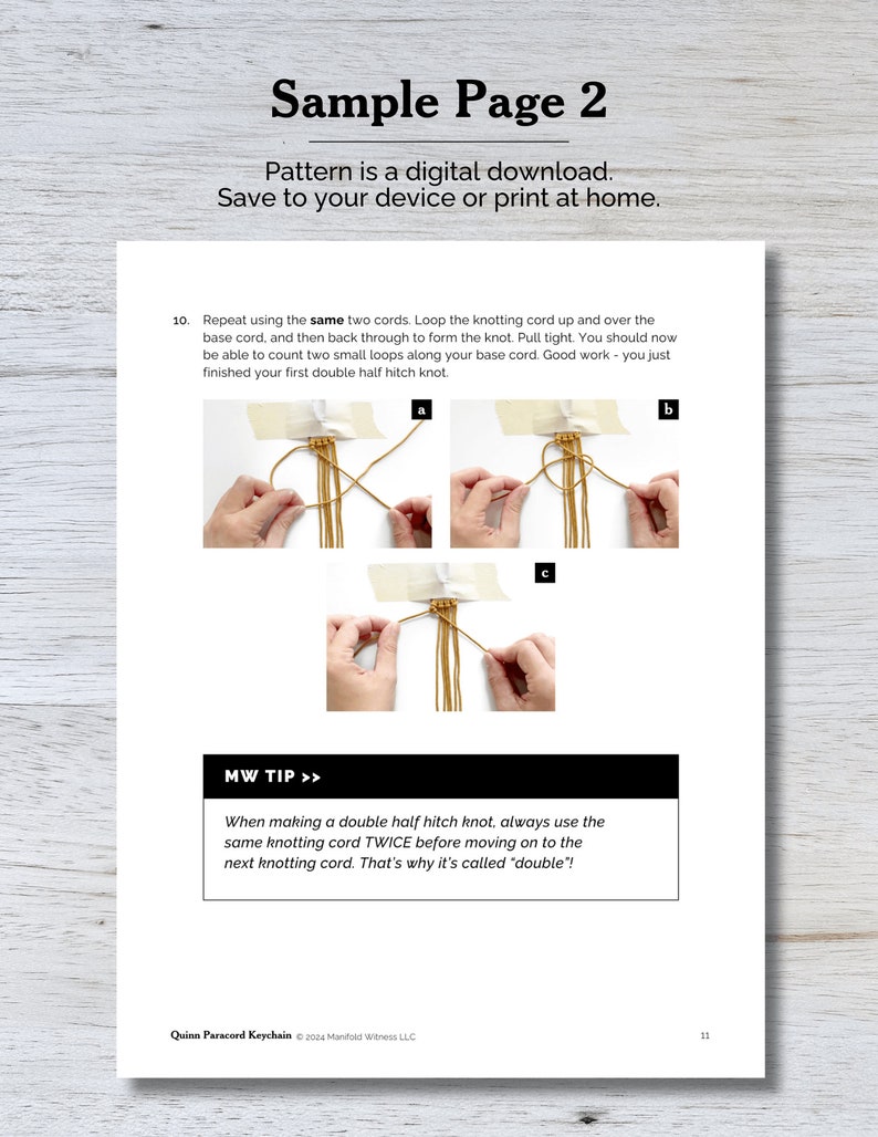 May include: A step-by-step guide on how to tie a double half hitch knot using two cords. The image shows a close-up of the hands tying the knot. The text reads "MW TIP >> When making a double half hitch knot, always use the same knotting cord TWICE before moving on to the next knotting cord. That's why it's called 'double'!".
