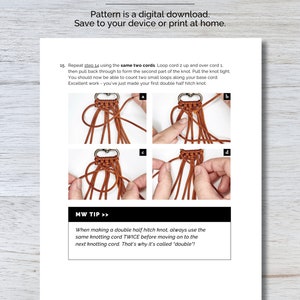 May include: A step-by-step guide on how to make a double half hitch knot using two brown cords. The image shows the knotting process in four steps, labelled a, b, c, and d. The text "MW TIP" is highlighted in a black box, and it explains that when making a double half hitch knot, you should use the same knotting cord twice before moving on to the next knotting cord. The text "Amie Paracord Keychain" is at the bottom of the page.
