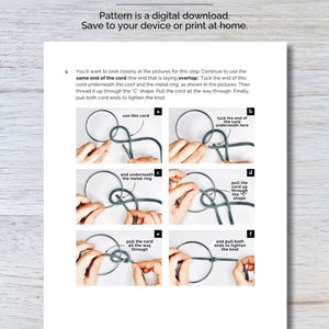 K&ouml;nnte beinhalten: Eine Schritt-f&uuml;r-Schritt-Anleitung zum Binden eines Knotens f&uuml;r einen Mini-Kranz. Die Anleitung wird mit sechs Fotos illustriert, die den Prozess des Knotens zeigen.