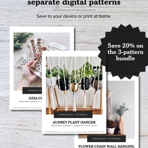 May include: A promotional image for digital macrame patterns. The image features three pattern designs: GINA CO, AUDREY PLANT HANGER, and FLOWER CHAIN WALL HANGING. Text on the image reads "Save 20% on the 3-pattern bundle."