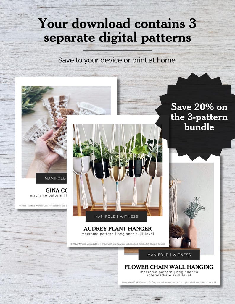 May include: A promotional image for digital macrame patterns. The image features three pattern designs: GINA CO, AUDREY PLANT HANGER, and FLOWER CHAIN WALL HANGING. Text on the image reads "Save 20% on the 3-pattern bundle."