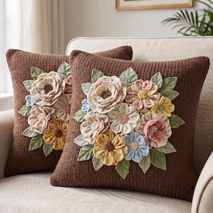 May include: Two square brown knit throw pillows featuring a central cluster of three-dimensional fabric flowers in shades of pink, yellow, blue, and cream, accented with green fabric leaves attached to the front of each pillow cover.