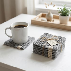 Könnte beinhalten: Eine weiße Tasse mit Kaffee steht auf einem grauen Strickuntersetzer. Ein Stapel grauer Strickuntersetzer, mit Bindfaden gebunden und mit einem Etikett mit der Aufschrift "Knit with Love", ist ebenfalls vorhanden. Die Untersetzer sind etwa 10 cm groß.