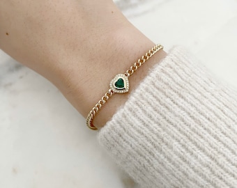 14K Cuban Chain with Heart Emerald and Diamond Halo Bracelet