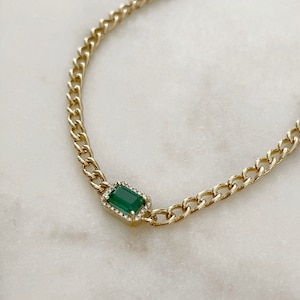 14K Cuban Chain with Emerald and Diamond Halo Bracelet