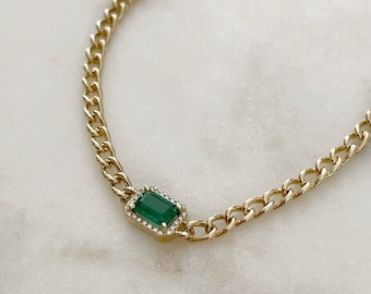 14K Cuban Chain with Emerald and Diamond Halo Bracelet