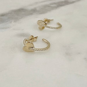 14K Half Hoop Diamond Earrings with Hearts
