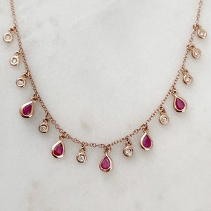 14K Dangling Diamonds & Ruby Necklace