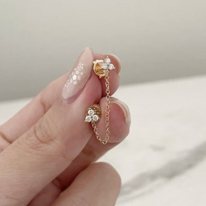 14K Double Piercing Style with 3 Diamonds Earring