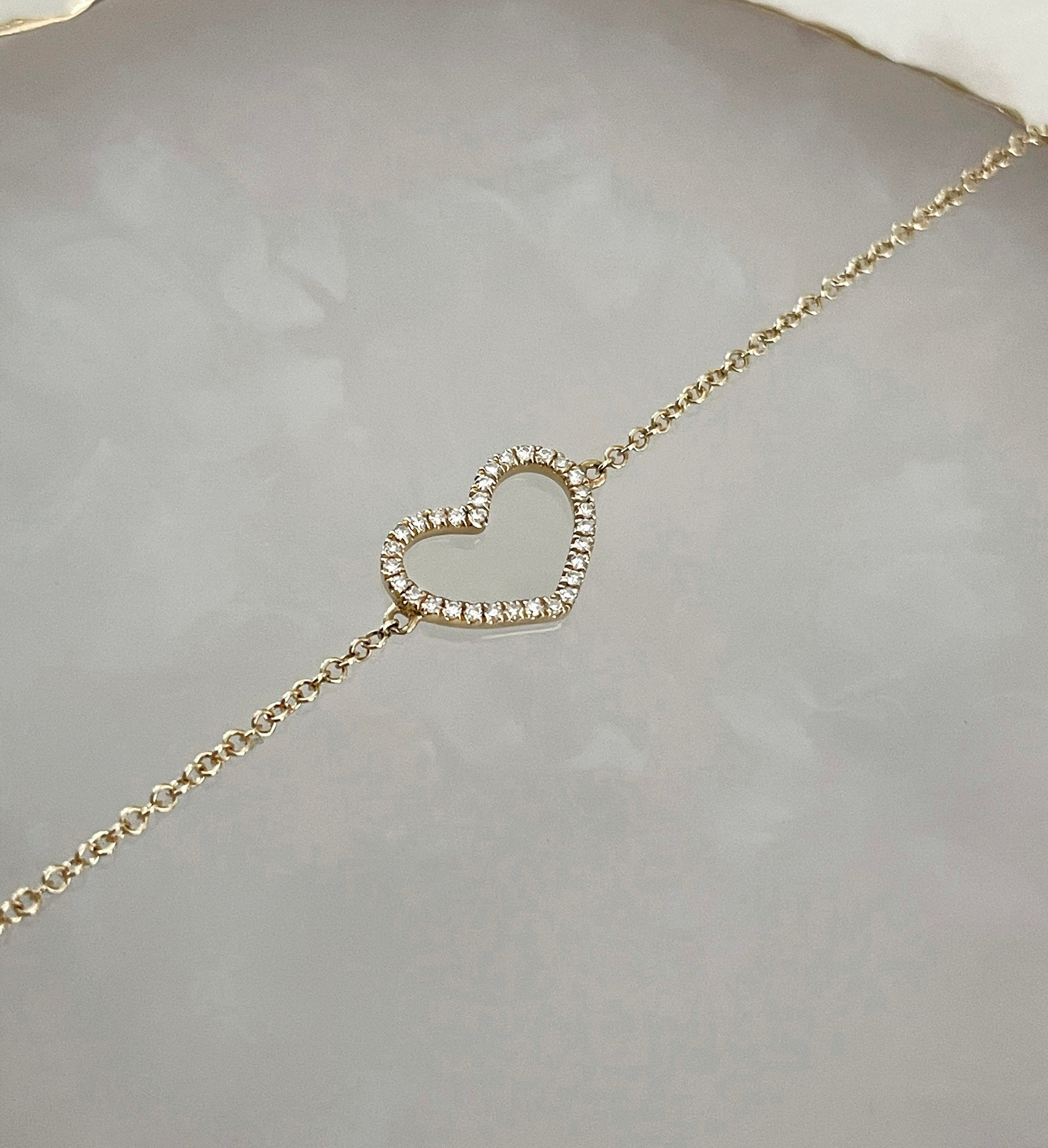 14K イエローゴールド ダイヤモンド ハート ブレスレット - Etsy