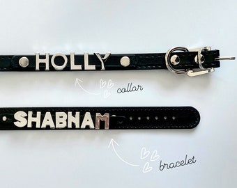 Y2K BFF Matching Charm Bracelet & Pet Collar | Personalized Jewelry | Leather Dog Collar and Bracelet with Sliding Charms | Custom Name Gift