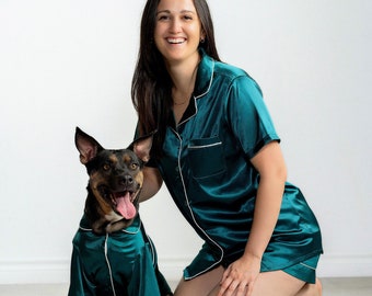 Matching Pet and Adult Pajama Set in Emerald Green Satin | Dogs, Cats and People | Dog Mom Gifts | Twinning Outfits