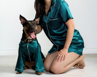 Matching Pet and Adult Pajama Set in Emerald Green Satin | Dogs, Cats and People | Dog Mom Gifts | Twinning Outfits