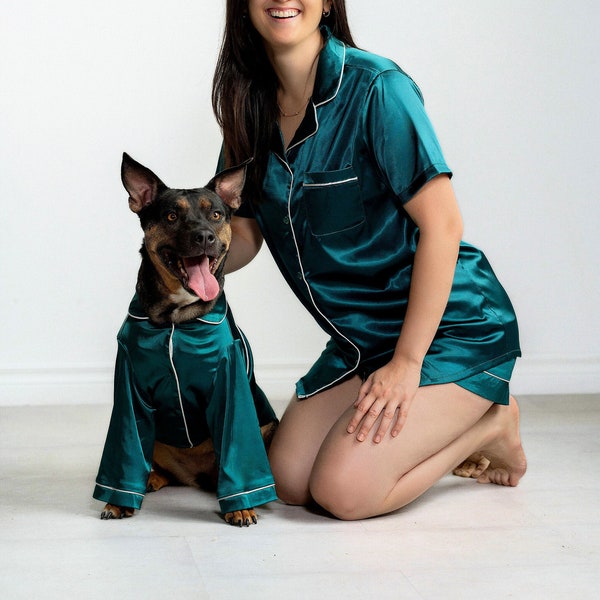 Matching Pet and Adult Pajama Set in Emerald Green Satin | Dogs, Cats and People | Dog Mom Gifts | Twinning Outfits