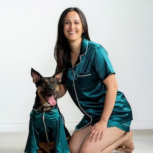 Matching Pet and Adult Pajama Set in Emerald Green Satin | Dogs, Cats and People | Dog Mom Gifts | Twinning Outfits