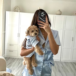 Light Blue Matching Pet and Owner Satin Pajama Set (Dogs, Cats & People) | Gift for Dog Moms | Christmas PJs for Big Dogs | Dog Clothing