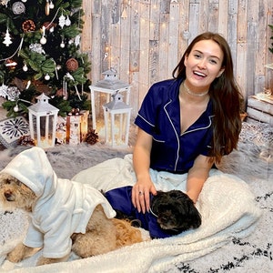 Matching Pet and Owner Pajamas Set in Sapphire Satin Dogs and Cats and Humans image 2