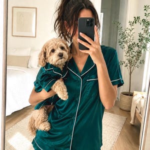 Matching Pet and Adult PJ Set in Emerald Green Satin | Dogs, Cats & People | Dog Mom Gifts | Twinning Outfits | Cute Clothes for Large Dogs