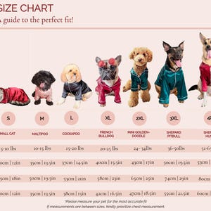 K&ouml;nnte beinhalten: Eine Tella Couture Gr&ouml;&szlig;entabelle f&uuml;r Haustier-Pyjamas mit neun Hunden und Katzen in kn&ouml;pfbaren Satin-Hemden verschiedener Farben. Die Tabelle zeigt die Gr&ouml;&szlig;en XS bis 5XL mit den entsprechenden Gewichts- und K&ouml;rperma&szlig;en in Zentimetern an.
