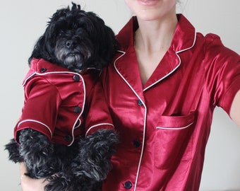 Gift for Dog Moms | Matching Pet and Owner Pajamas Set in Ruby Red Satin (Dogs, Cats and People) | Silk PJ's