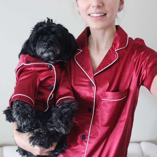 Gift for Dog Moms | Matching Pet and Owner Pajamas Set in Ruby Red Satin (Dogs, Cats and People) | Silk PJ's