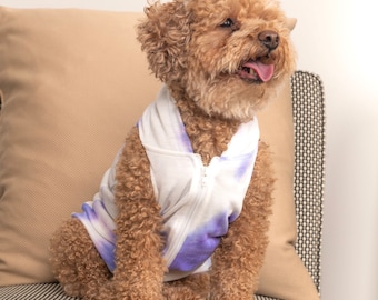 Pet Shirt for Dogs and Cats | Sleeveless Zip Up Pet Hoodie | Purple Tie Dye Sweater for Dogs | Pet Muscle Tee