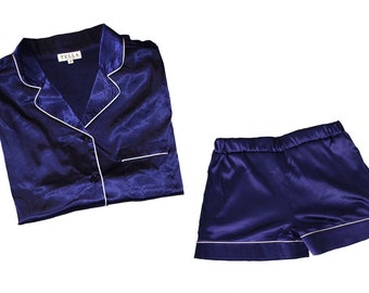 Pajamas Loungewear Set - Shorts and Top in Sapphire Satin