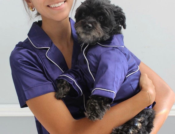 Matching Pet and Owner Pajamas Set in Sapphire Satin dogs and Cats