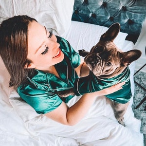 Matching Pet and Adult PJ Set in Emerald Green Satin | Dogs, Cats & People | Dog Mom Gifts | Twinning Outfits | Cute Clothes for Large Dogs