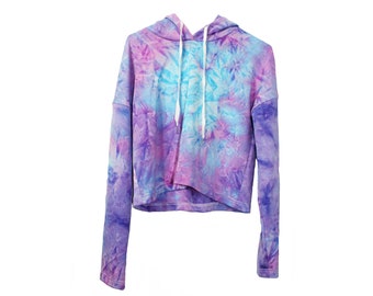 Tie Dye Cropped Hoodie Sweatshirt | Pink Purple and Blue Colour Palette | Adult Clothing | Fashion Hoodies