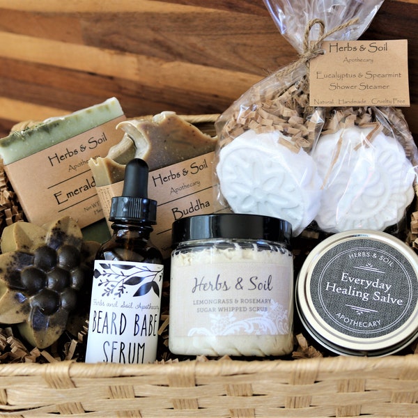 For the Guy Who Has Everything, Men's Skincare Gift Basket, Natural Soap, Shower Steamers, Healing Salve, Organic, Father's Day Gift Idea