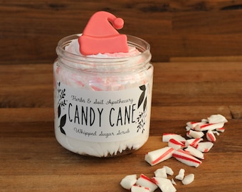 Candy Cane Whipped Sugar Scrub with Mini Soap Topper, Peppermint and Marshmallow Scents, with Sweet Almond Oil, Exfoliation and Moisturizing
