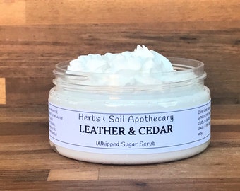Leather & Cedar Whipped Sugar Scrub with Organic Cane Sugar, Sweet Almond Oil, Exfoliation and Moisturizing, Foaming Sugar Scrub, Vegan Soap
