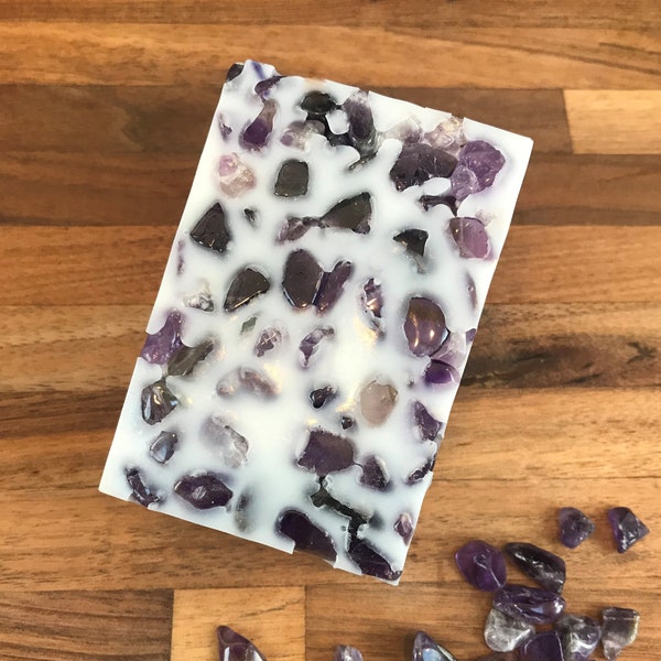 Amethyst Massaging Soap Bar with Natural Amethyst Crystals for Protection, Intuition, Relaxation, Stone of Spirituality, Chakra Balancing