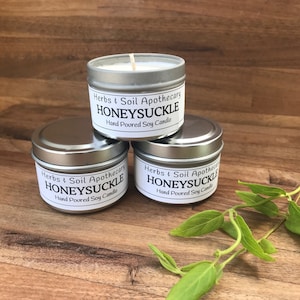 May include: Three silver tin candles on a wooden surface. Each candle has a white label with the text "Herbs & Soil Apothecary HONEYSUCKLE Hand Poured Soy Candle." A green leafy vine is in the lower right corner.