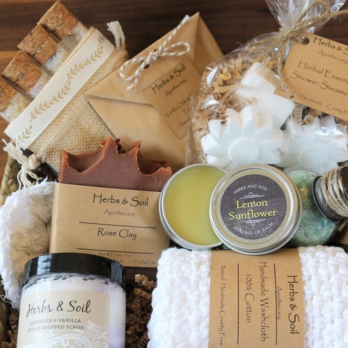 Ultra Deluxe Skincare Gift Box with Natural Soaps & Aromatherapy, Whipped Sugar Scrub, European Spa Bath Salts, Eco Friendly Hygge Gift Box