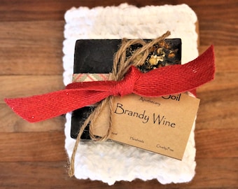 Moisturizing Soap Bar and Washcloth Gift Set, Brandy Wine Soap with Aloe, 100% Cotton Handmade Washcloth, Self-Care Gift Set, Mother's Day