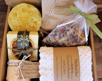 Sweet Sunshine Gift Box, Whipped Sugar Scrub, Natural Lemon Loofa Soap w/ Herbal Bath Tea & Milk Bath, Mother's Day Gift Box, Best Friend