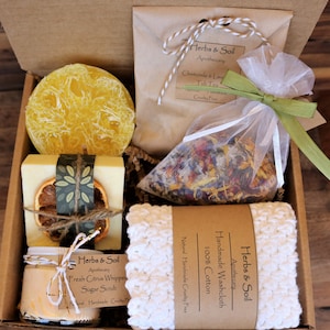 Sweet Sunshine Gift Box, Whipped Sugar Scrub, Natural Lemon Loofa Soap w/ Herbal Bath Tea & Milk Bath, Spa Day Gift Box, Thank You Package