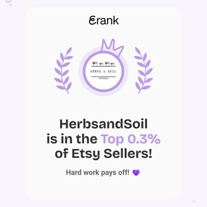 May include: A light purple graphic with the text "Erank" at the top. The image features a circular logo with the words "Herbs & Soil Apothecary" and the text "HerbsandSoil is in the Top 0.3% of Etsy Sellers!"