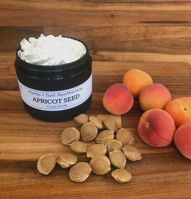 May include: A black jar of Herbs & Soil Apothecary Apricot Seed facial scrub with a white label, filled with a thick white cream. Beside the jar are several whole orange and pink apricots and a pile of light brown, oval-shaped apricot pits.