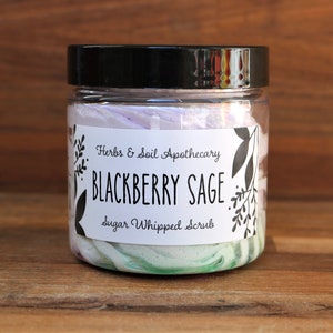 Blackberry & Sage Whipped Sugar Scrub with Sweet Almond Oil, Fluffy Body Frosting, Moisturizing Soap, Foaming Shaving Cream, Self-Care Gift