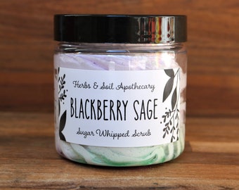 Blackberry & Sage Whipped Sugar Scrub with Sweet Almond Oil, Fluffy Body Frosting, Moisturizing Soap, Foaming Shaving Cream, Self-Care Gift