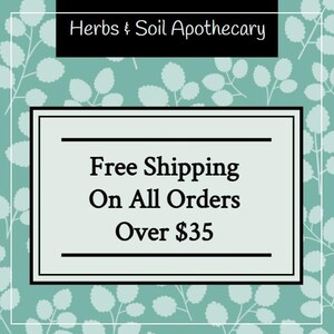 May include: A promotional graphic for Herbs & Soil Apothecary, with the text "Free Shipping On All Orders Over &pound;30" within a white-bordered rectangle. The background is a teal colour with a pattern of white leaf shapes.