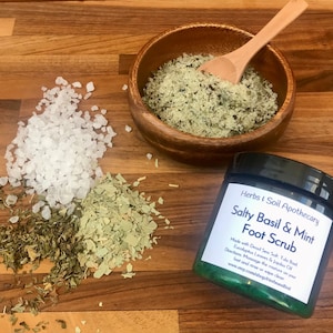 Salty Basil & Mint Foot Scrub with Dead Sea Salt and Jojoba Oil, Peppermint Exfoliating Scrub, Beach Scrub for Polished Feet, Foot Care