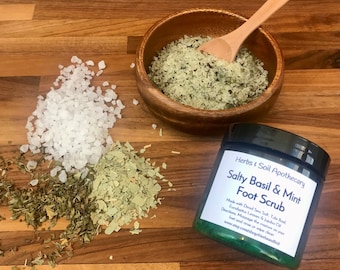 Salty Basil & Mint Foot Scrub with Dead Sea Salt and Jojoba Oil, Peppermint Exfoliating Scrub, Beach Scrub for Polished Feet, Foot Care