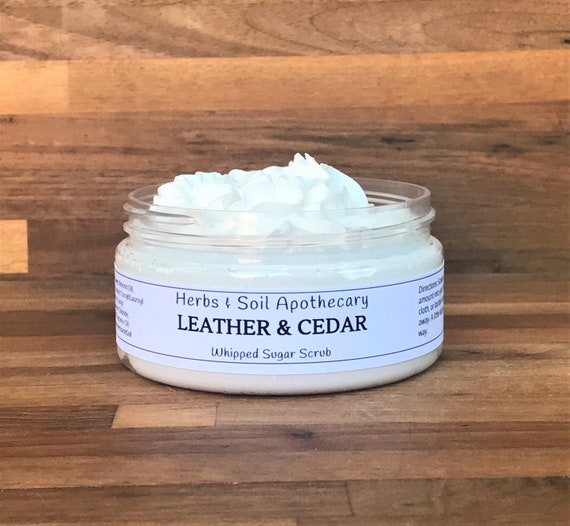 Leather & Cedar Whipped Sugar Scrub with Organic Cane Sugar, Sweet Almond Oil, Exfoliation and Moisturizing, Foaming Sugar Scrub, Vegan Soap