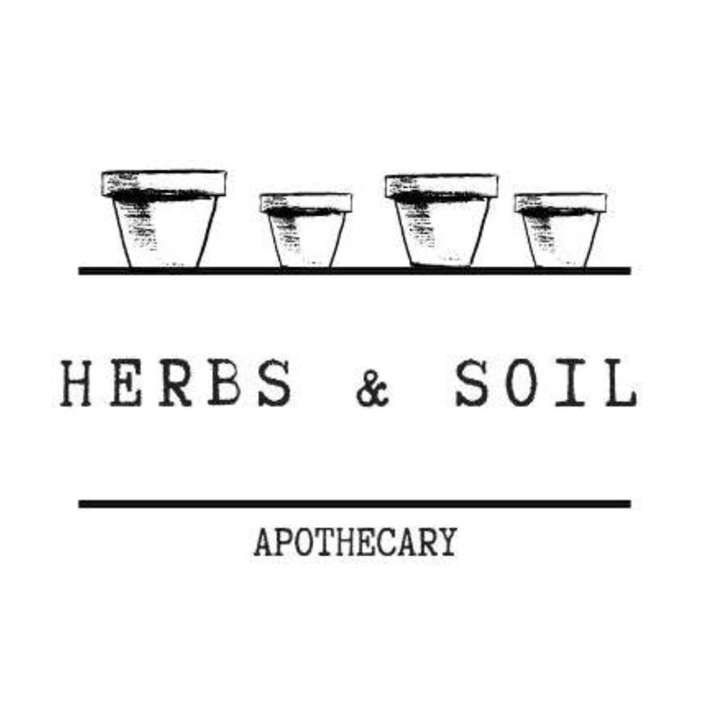 May include: A monochrome logo with four plant pots on a shelf, above the words "HERBS & SOIL" and "APOTHECARY". The design is minimalist and clean, with a vintage style.